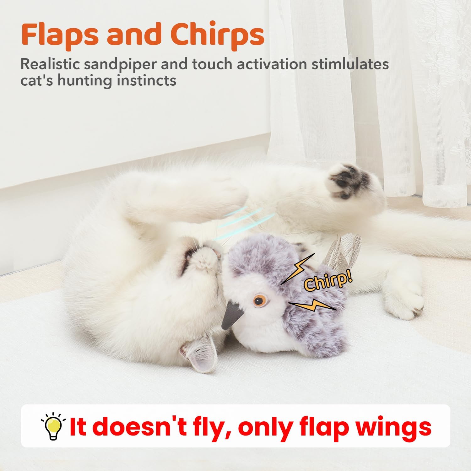 Potaroma Cat Toys Flapping Bird (No Flying), Lifelike Sandpiper Chirp Tweet, Rechargeable Touch Activated Kitten Toy Interactive Cat Exercise Toys for All Breeds Cat Kicker Catnip Toys 4.0" - Image 2