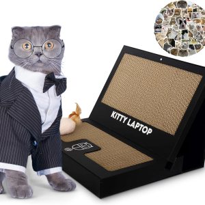Toy Cat Laptop with 2 Scratchboards + Catnip Mouse Toy for Cats + 50pack Cat Sticker - Interactive Eco-Friendly Cat Computer with Scratch Pad Laptop for Cats - Mini Cat Laptop