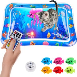 New Multi-Color Lighted Cat Water Mat,Thickened Anti-Scratch Leak Proof Cat Water Sensor Play Mat with Floating Fish,Interactive Cat Toy for Indoor Cats to Swatting,Exercise,Hunting,Kitten Toys