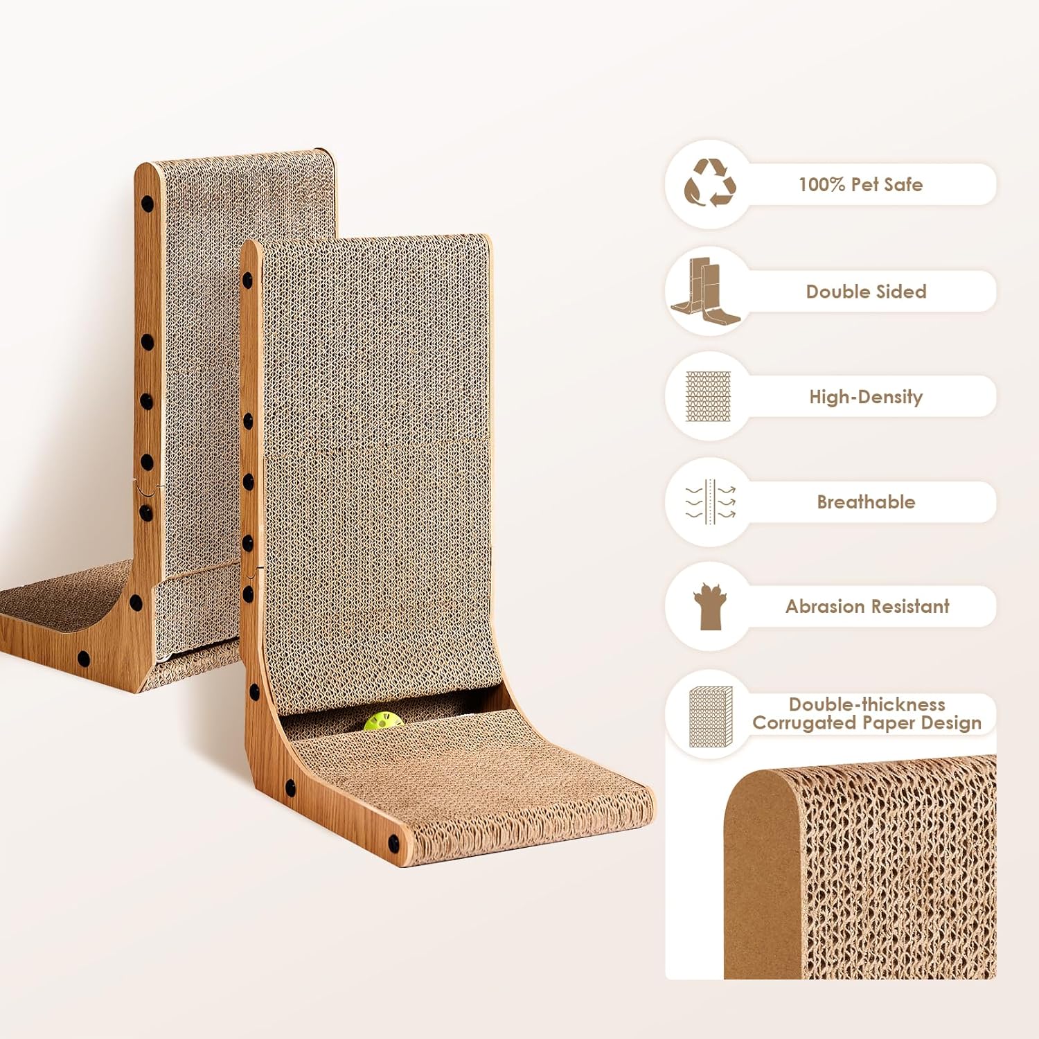 EHEYCIGA Cardboard Cat Scratcher for Indoor Cats, 26.8 Inch L Shaped Vertical Cat Scratching Board with Ball Cat Toy, Large Cat Scratcher Pad, Brown - Image 2